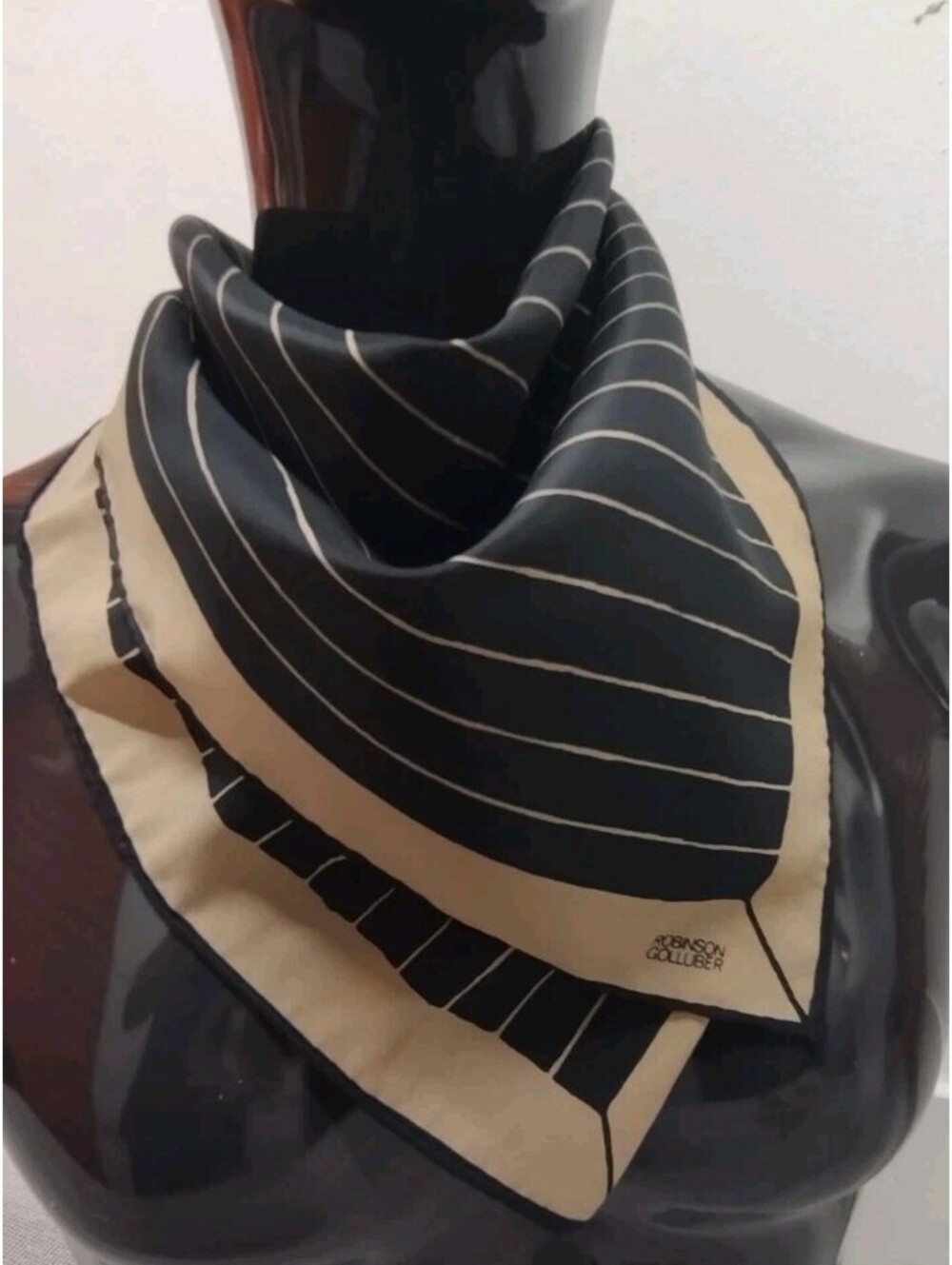 Vintage Scarf Black Tan Stripes ROBINSON GOLLUBER Dandy Men's 70s Disco Gangster